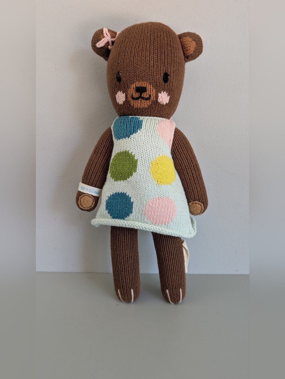 Cuddle + Kind IVY Plush Brown Bear, Knit Teddy Bear w Polka Dot Dress